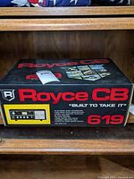 Front view of the boxed Royce 619 CB radio showing model number and model image on the box.