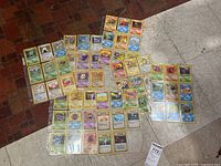 Overview of multiple pages of sleeved Pokemon cards spread on floor