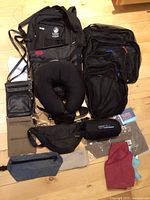 Group shot showing backpack, neck pillow, packing cubes, pouches