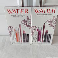 Two boxed Lise Watier lip sets, Nude Harmony and Plum Harmony, displayed standing side by side showing front packaging with product images and decorative floral detail.