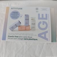 Box front showing the set labeled as 'Plastic Free Skin Care Ritual' with 4 mini face care sticks: face cleanser, serum, cream, and oil, each 8.5g.