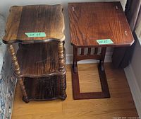 Side-by-side photo of two wooden plant stands; one three-tier with scalloped edges and turned legs, the other a single square pedestal stand with slatted sides and rectangular base.