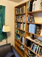 Bookshelf fully stocked with books in a living room setting next to a floor lamp and window with a green curtain.