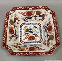 Top down view of the octagonal Japanese fruit bowl showing hand painted intricate floral and fruit design with red border and gold highlights.