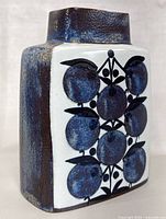 Side view of the vase showing the blue floral motif wrapping around and the textured blue side finish.