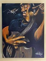 Front view of original canvas painting showing jazz bass player in expressive style with bold brushstrokes in vivid colors.