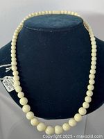 Full view of the 1950's cream-colored beaded necklace draped on black necklace stand, showing graduate bead sizes and consistent color throughout.