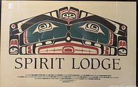 Framed Spirit Lodge lithograph poster from Expo '86 showing artwork and text.