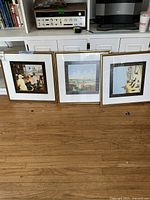 Three framed Elizabeth Mumford prints leaning against a white cabinet showing all three artworks in gold frames.