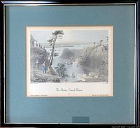 Front view of framed antique Bartlett print 'The Rideau Canal, Bytown' 1841 showing the image and mat board with minor wear on the frame