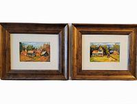 Pair of two framed original acrylic paintings by Pauline Sabourin Brunet, both depicting rural autumn scenes with houses and trees