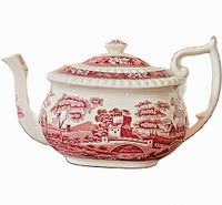 Side view of vintage Copeland Spode Tower teapot showing pastoral scene and tower design in red transferware.
