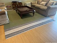 Full view of the woven area rug in living room with green center and patterned border, showing size and context.
