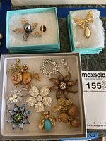 Full view of all 12 pins in a jewelry box showing gold tone, silver tone, and rhinestone costumes jewelry pins with floral and insect designs.