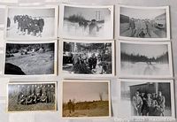 Nine military photos laid out on flat surface showcasing winter group photos, landscape, tents, and individual soldiers