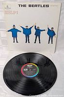 Vinyl record disc of The Beatles Help! album with Parlophone label and multi-color center rings.