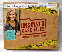 Front side of the Unsolved Case Files game box showing title Harmony Ashcroft Case with evidence seal graphics and photo of a woman.
