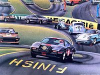 Close-up of black muscle car number 1 and other vintage race cars on the poster near the finish line