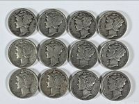 Top side (obverse) of 12 Mercury silver dimes dated 1920s-1940s showing Liberty's profile with winged cap.