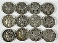 Front side (obverse) of 12 Mercury silver dimes showing Liberty's winged profile design, various dates from 1936 to 1945, showing wear and circulation marks.