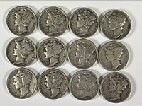 Obverse sides of 12 Mercury Dimes showing Liberty profile design with 'In God We Trust' and dates between 1921-1945.