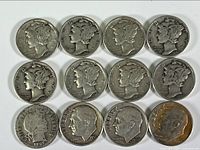 Obverse side of 12 silver dimes including 8 Mercury, 3 Roosevelt, and 1 Barber dime. Coins show profiles of Liberty and Roosevelt, with visible dates from 1897 to 1951.