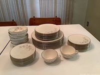 Full set of plates and teacups arranged on white table, showing multiple sizes including large and small plates, bowls, and cups.