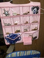 Pink hanging jewelry organizer showing a variety of necklaces, pendants, a star-shaped pendant, pearl-like earrings, and gold and silver-toned jewelry pieces.