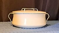 Side view of Dutch oven with lid on showing color and handles
