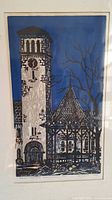 Full view of signed woodcut print showing clock tower and gazebo imagery under mat