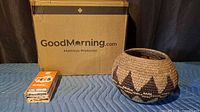 GoodMorning.com mattress protector box, woven basket, boxed clothespins