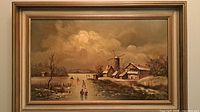 Framed oil painting showing full winter landscape scene