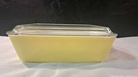 Side profile of yellow loaf pan with lid on