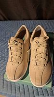 Pair of tan canvas lace-up sneakers on box