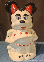 front view showing female character face with red bow and polka-dot skirt