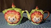 Front view of teapot and sugar bowl showing flower faces and lids