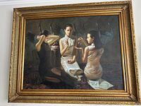 Full view of framed oil painting showing three women, ornate frame, wall hanging