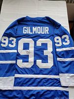 Back view of blue jersey laid flat showing nameplate and number