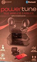Front of the box showing Iconic PowerTune true wireless earbuds with power bank and feature icons