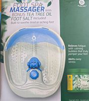 Front view of foot spa massager box showing product and Tea Tree Oil Foot Salt included.