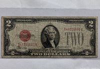 Front side of the 1929 USA two dollar bill showing Thomas Jefferson portrait and red seal