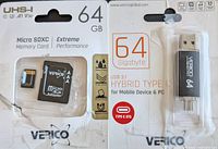 Front view of sealed VERICO 64GB Micro SDXC Memory Card packaging including microSD adapter and 64GB USB 3.1 Hybrid Type-C flash drive packaging showing brand and product details.