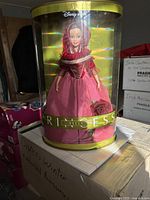 Front view of Disney Belle doll in original packaging, showing full doll and pink gown with hooded cape