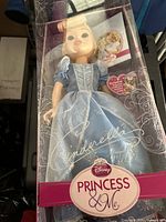 Front view of the Cinderella doll in original packaging, showing the doll with detailed light blue gown and tiara.