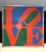 Front view of the LOVE serigraph in silver metal frame showing colors and composition