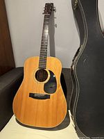 Front view of guitar and case side by side