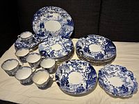 Group shot of platter, plates, bowls and cups arranged on surface