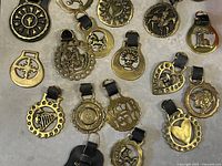Top-down photo showing all 20 brass horse medallions arranged on floor, various designs visible with leather straps attached to most.