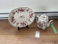 Full view of Burslem floral platter and square teapot with matching pattern