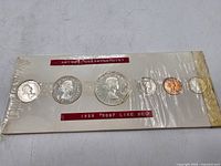 Full set of six 1959 Canadian coins in plastic protective packaging with card backing, titled 1959 Proof Like Set from Royal Canadian Mint.